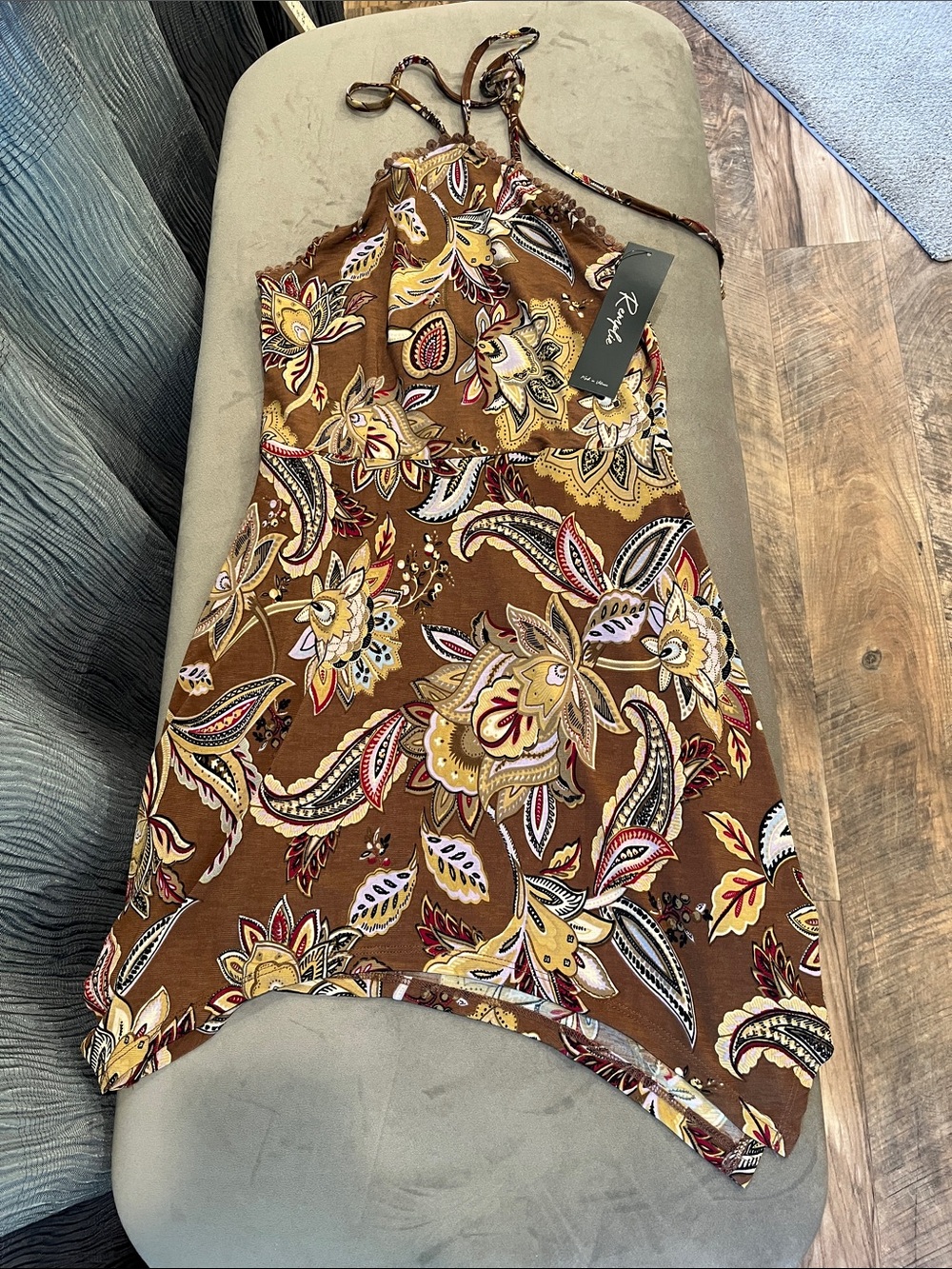 Remolds Brown Floral Paisley Asymmetrical Halter Dress